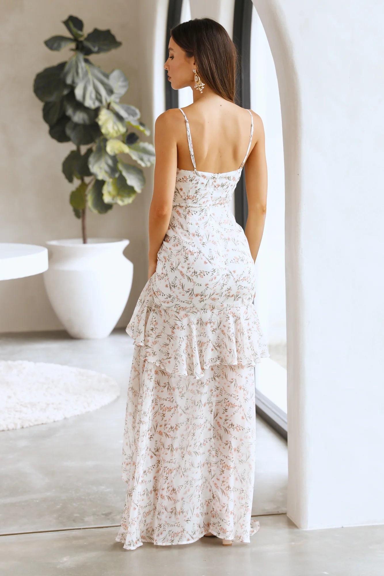Bohemian Floral Print Spaghetti Strap Ruffled Maxi Evening Dress with Side Ruched Detail