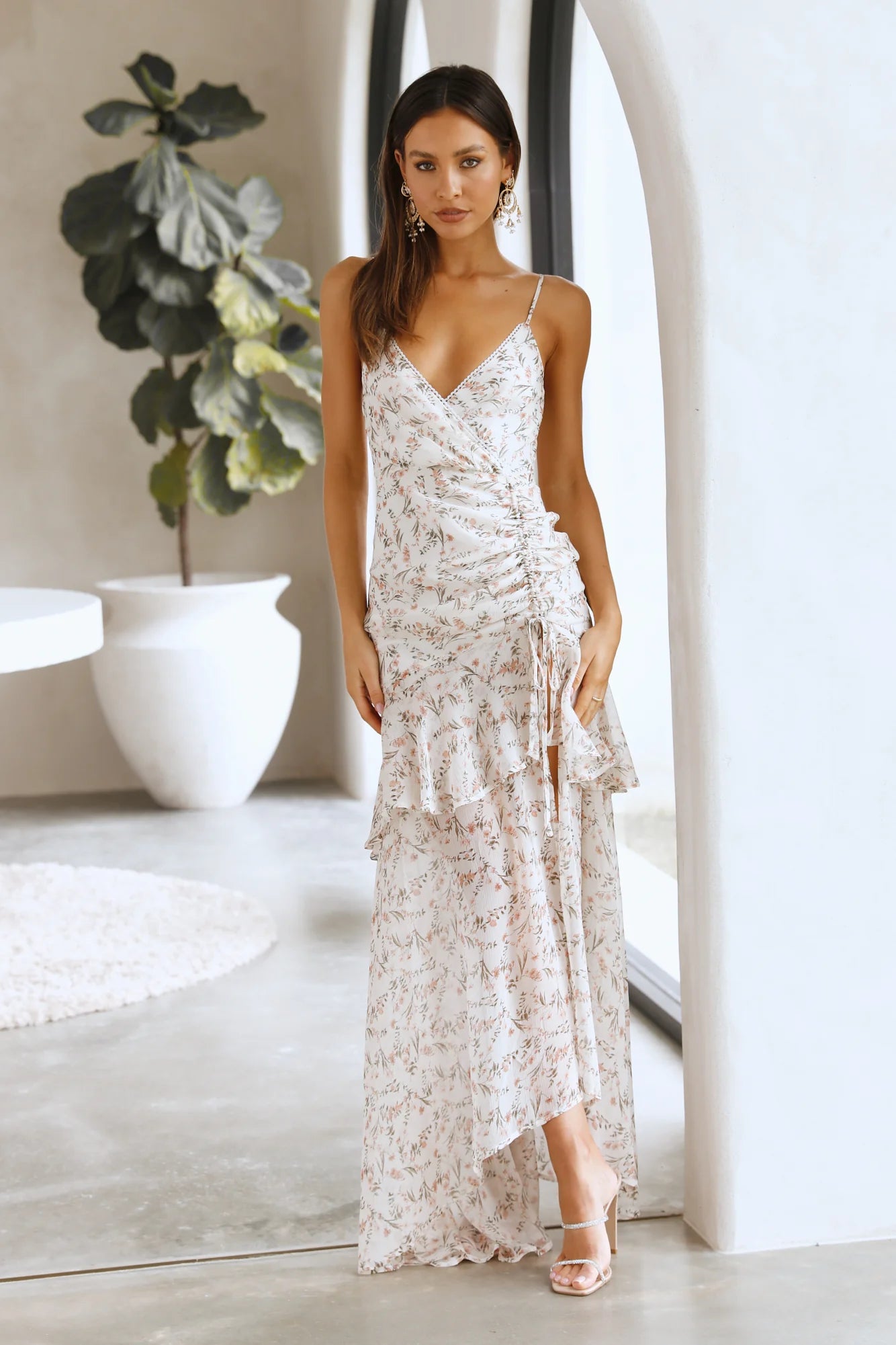 Bohemian Floral Print Spaghetti Strap Ruffled Maxi Evening Dress with Side Ruched Detail