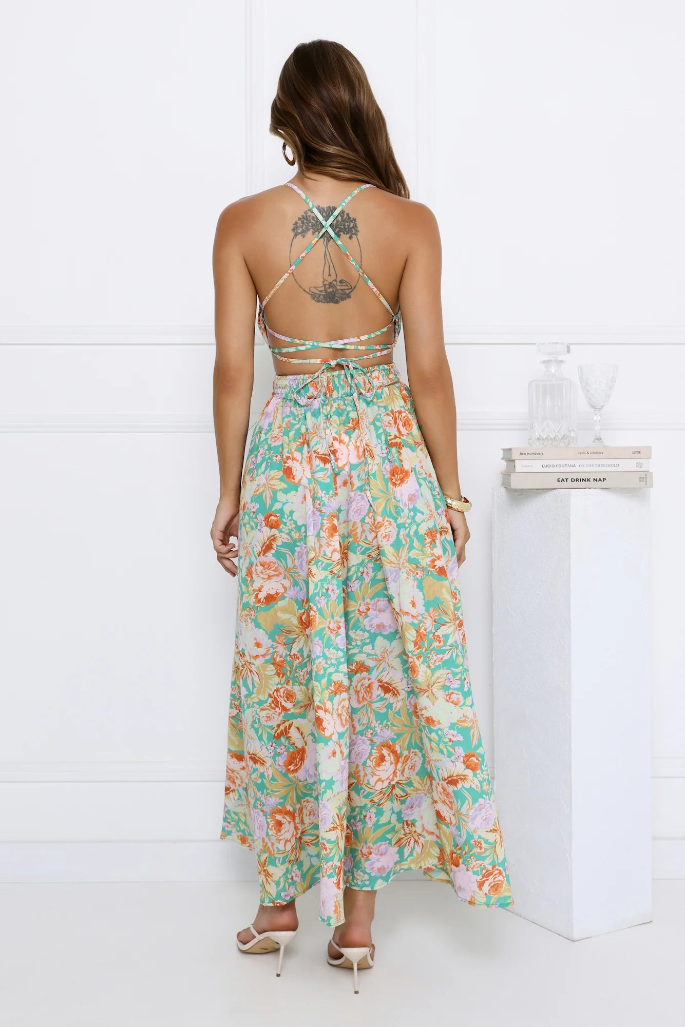 Boho Green Floral Print Maxi Dress with Deep V-Neck, Twisted Front Cutout, Crisscross Strappy Open Back, High Thigh Slit and Flowy Skirt