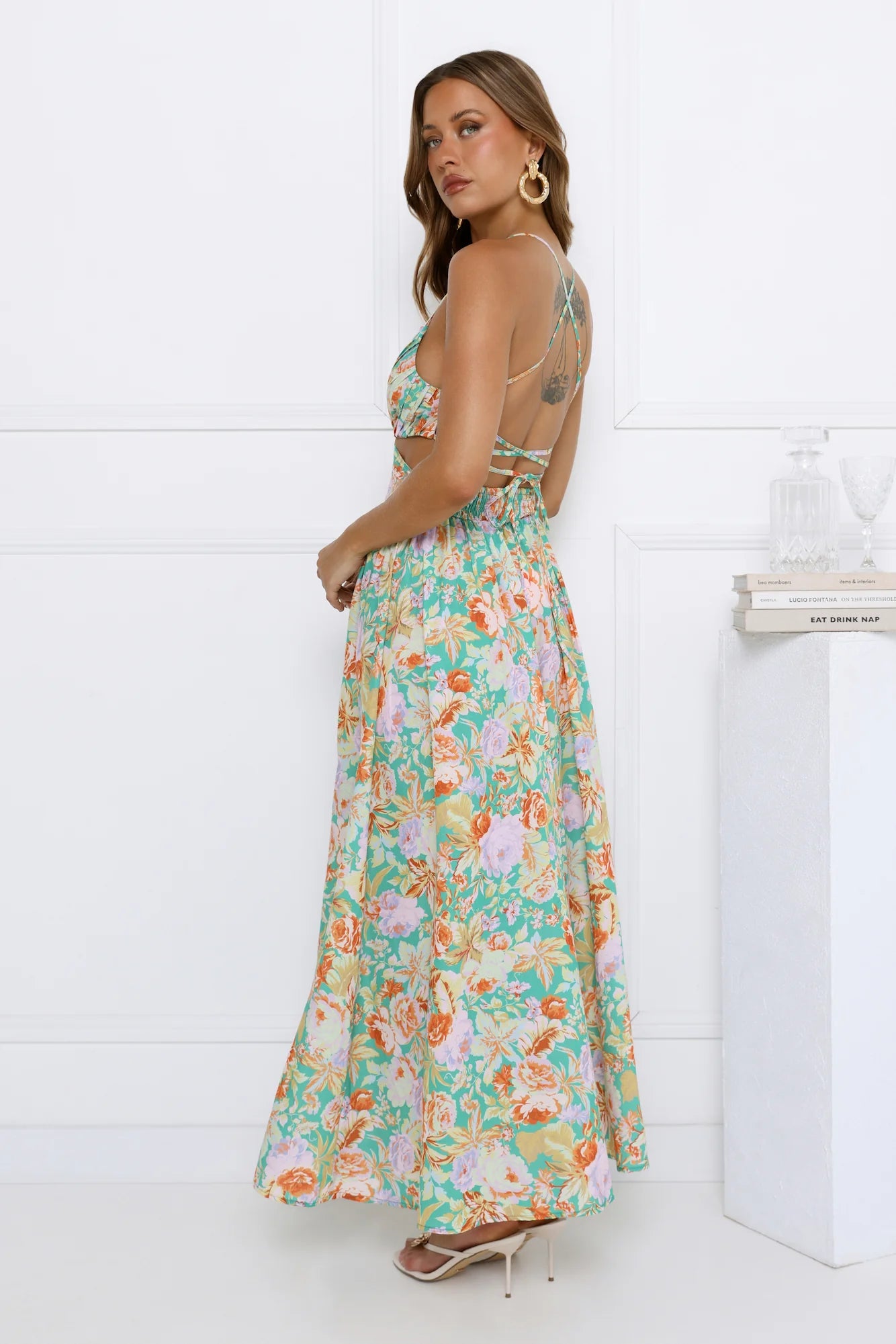 Boho Green Floral Print Maxi Dress with Deep V-Neck, Twisted Front Cutout, Crisscross Strappy Open Back, High Thigh Slit and Flowy Skirt