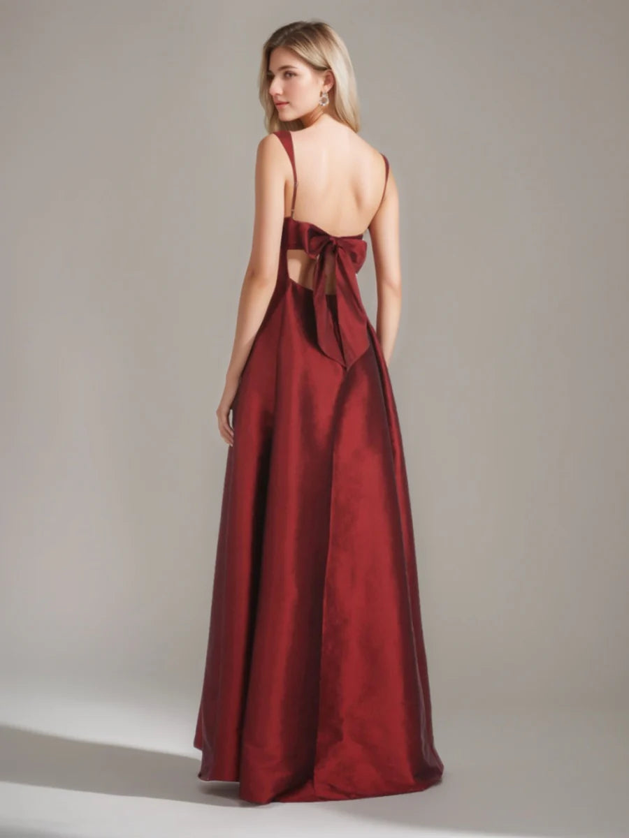 Bold Burgundy Square Neck Wide Strap Open Back Bow Detail A-Line Floor-Length Prom Dresses