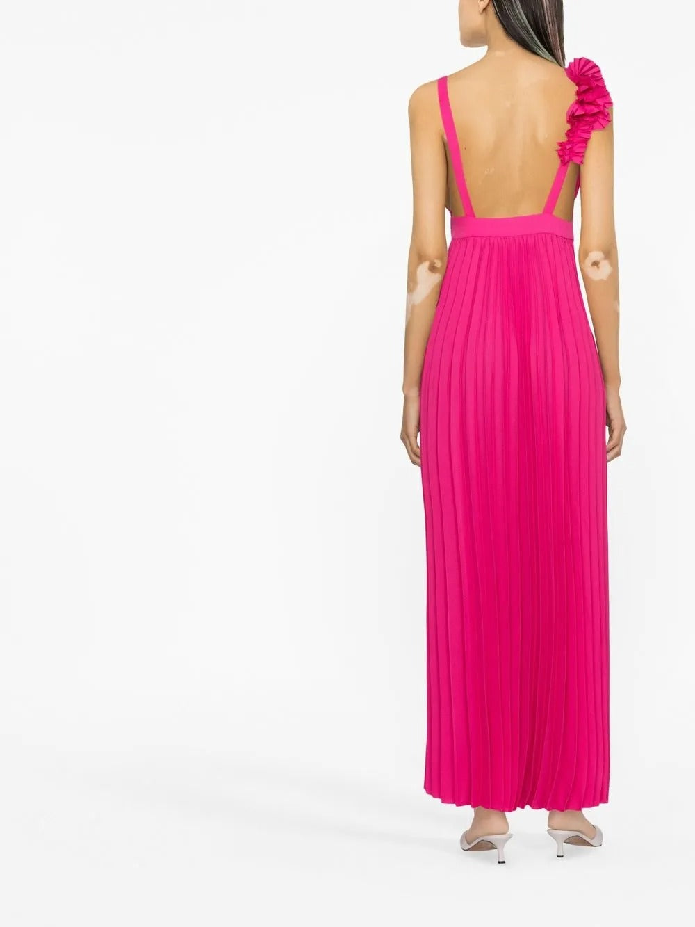 Bold Fuchsia Pleated Chiffon Floral-Appliqué Evening Dress