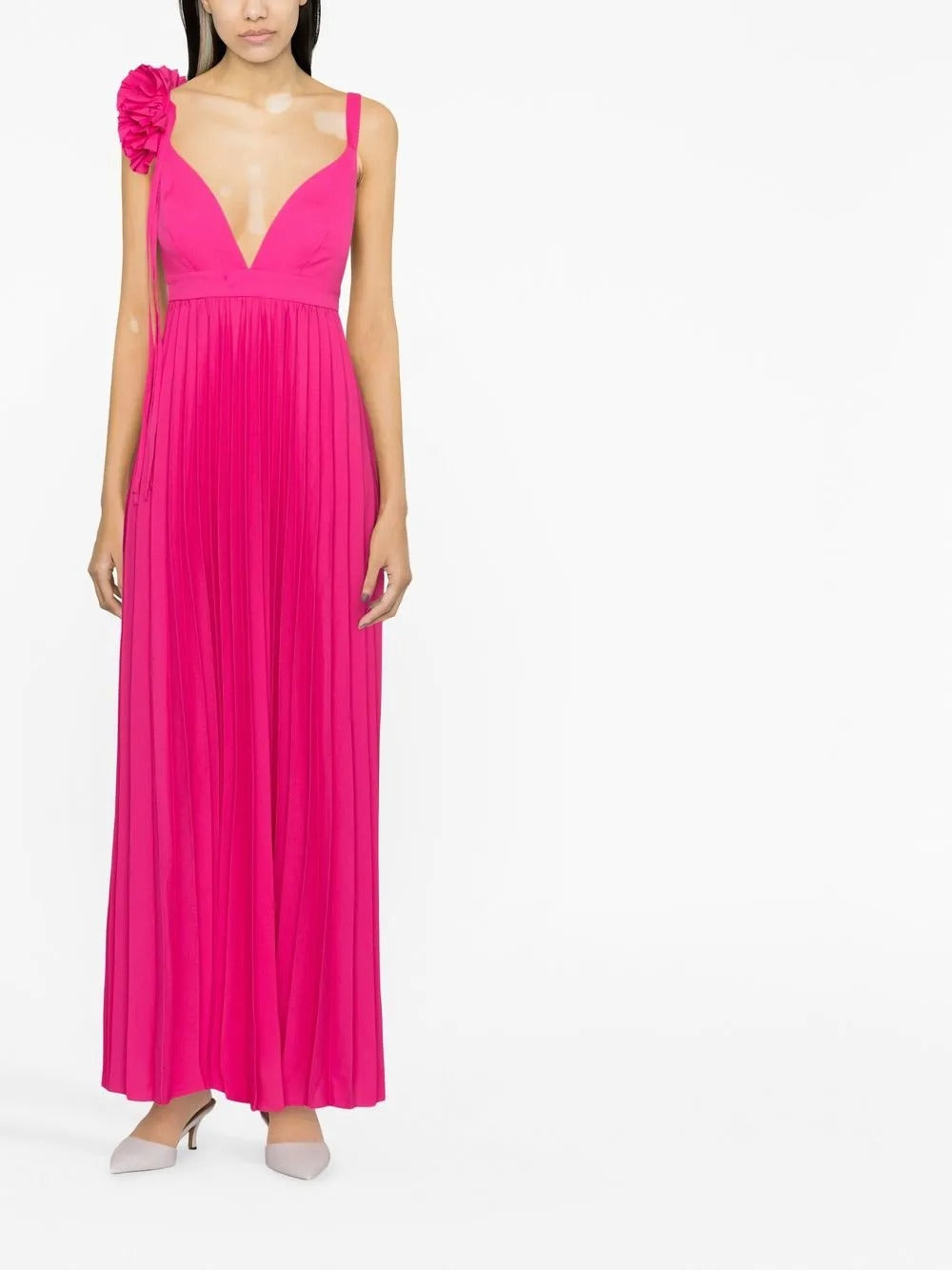 Bold Fuchsia Pleated Chiffon Floral-Appliqué Evening Dress