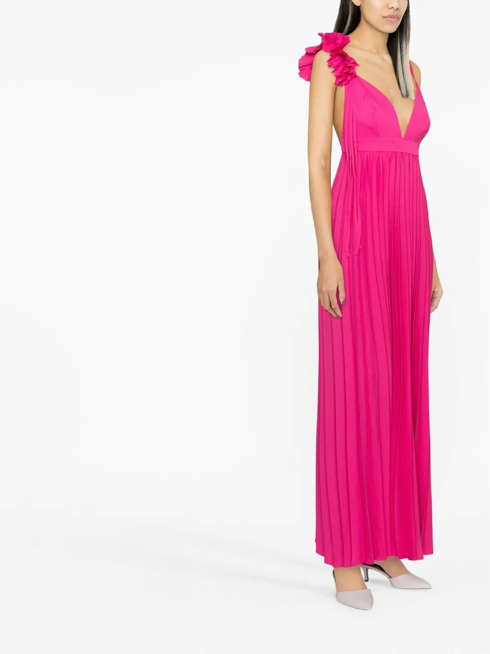Bold Fuchsia Pleated Chiffon Floral-Appliqué Evening Dress