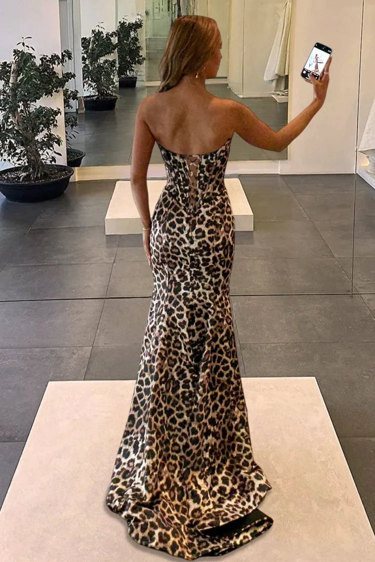 Bold Leopard Print Strapless Mermaid Gown with Beaded Sweetheart Neckline, Corset Lace-Up Back, Satin Finish and Sweeping Train