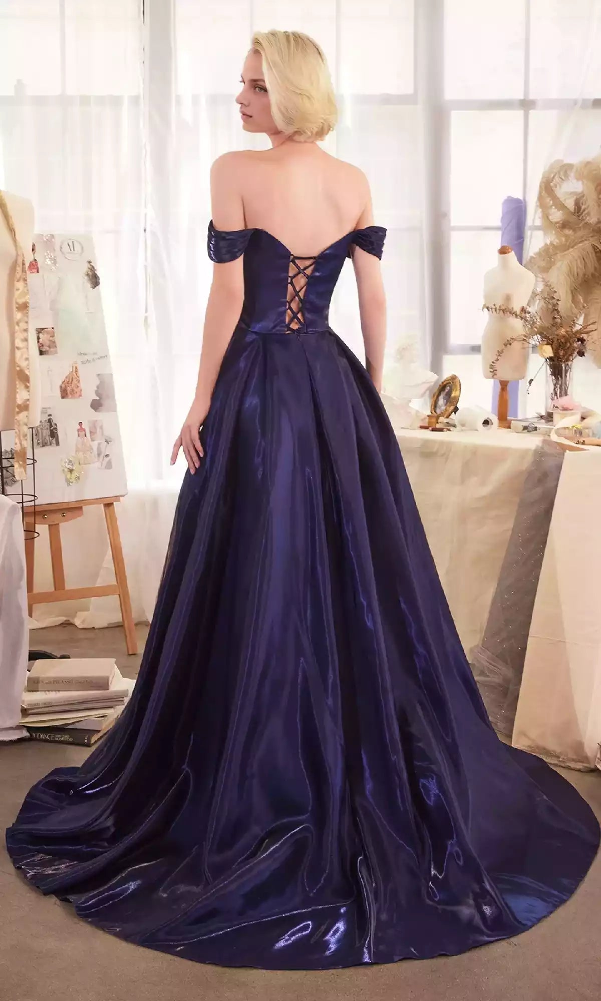 Bold and avant-garde off shoulder long A-line organza heart-shaped neckline with wide shoulder straps, full of drape Prom Dresses