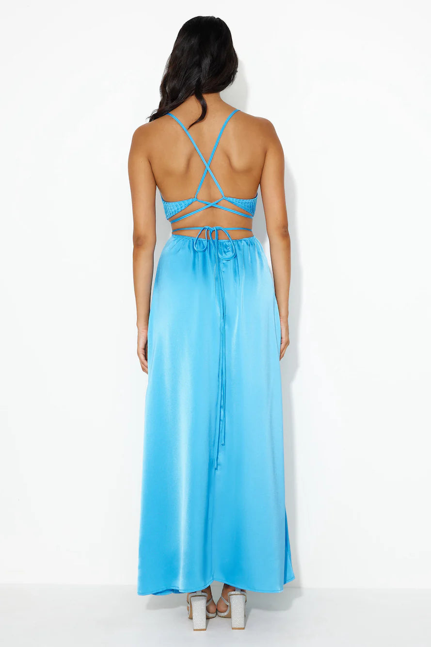 Bright Blue Satin Plunge Neck Cutout Lace Up Back High Slit Maxi Evening Dresses