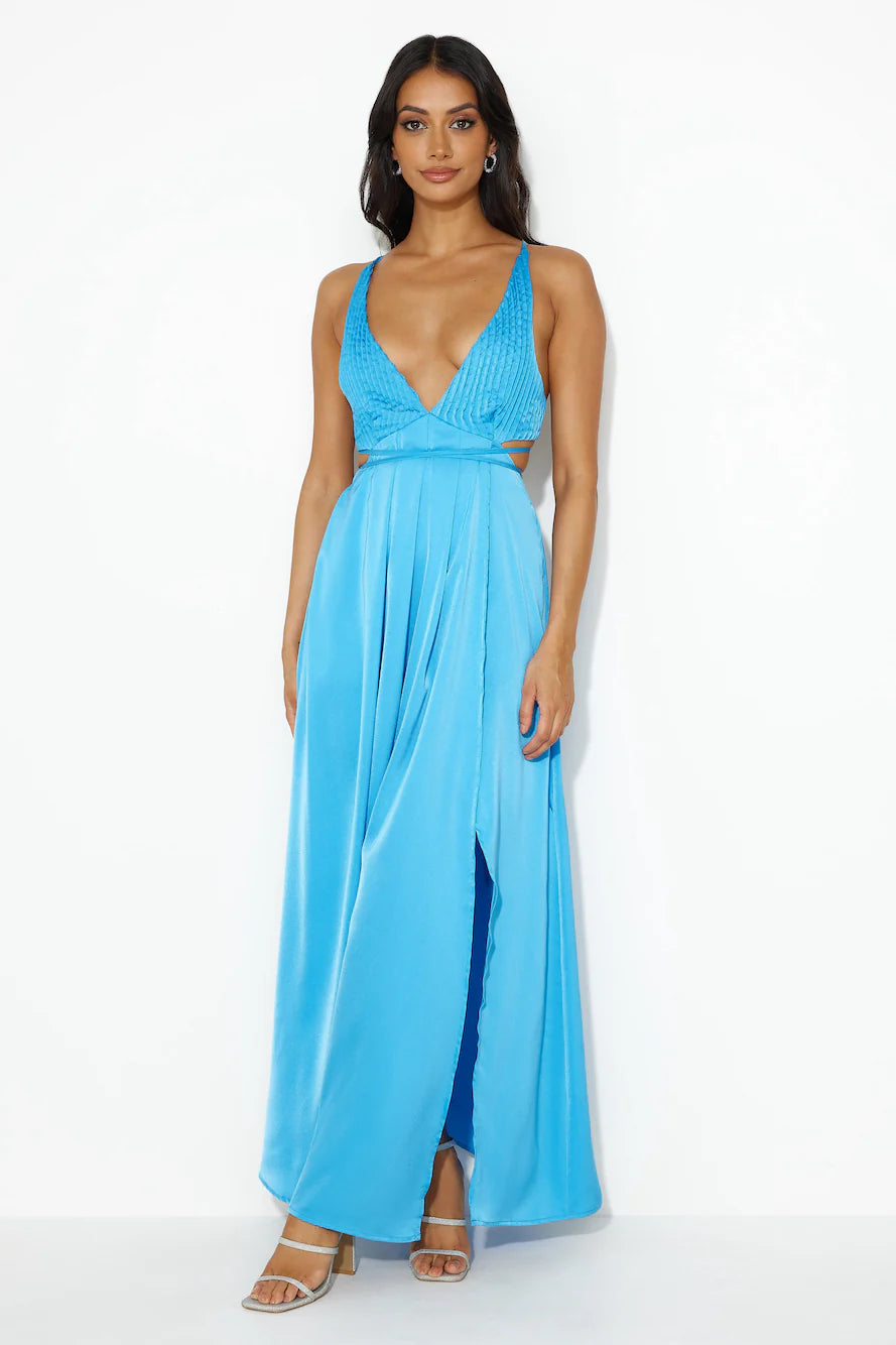 Bright Blue Satin Plunge Neck Cutout Lace Up Back High Slit Maxi Evening Dresses