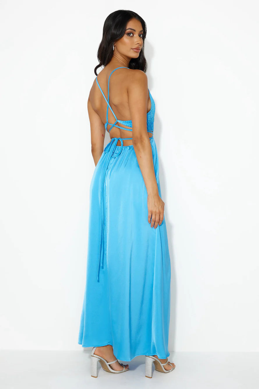 Bright Blue Satin Plunge Neck Cutout Lace Up Back High Slit Maxi Evening Dresses