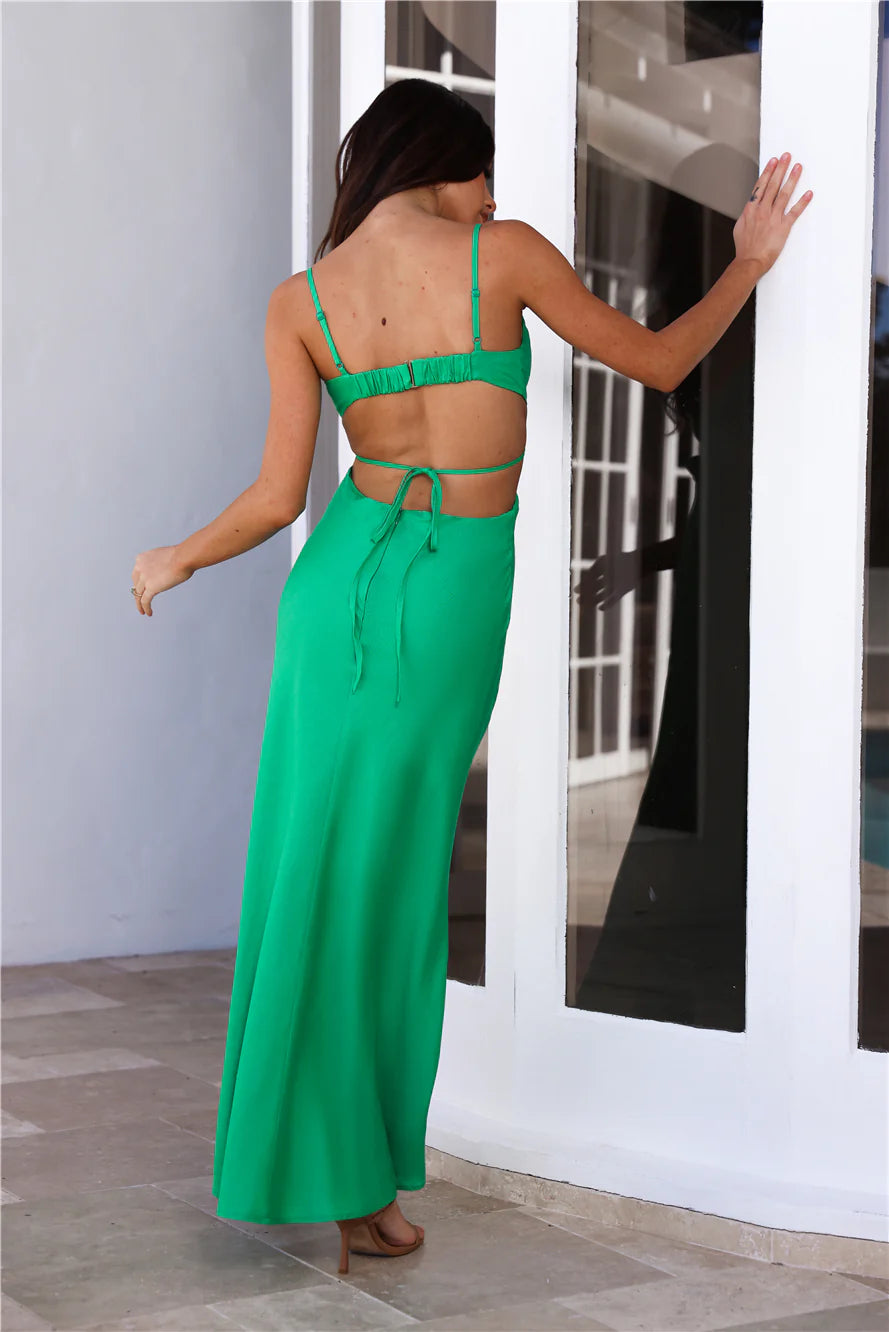 Bright Green Spaghetti Strap Cutout Tie Back Maxi Evening Dresses