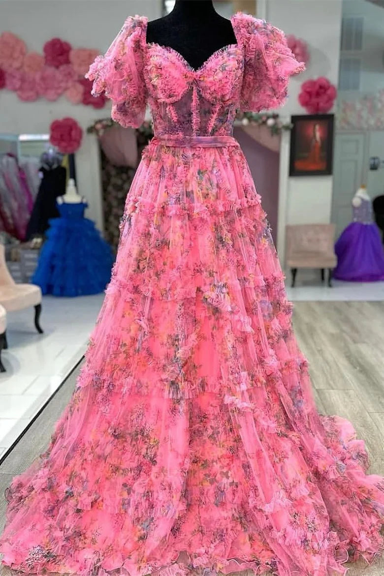 Bright Print Puff Sleeve Ruffle Long Prom Dress