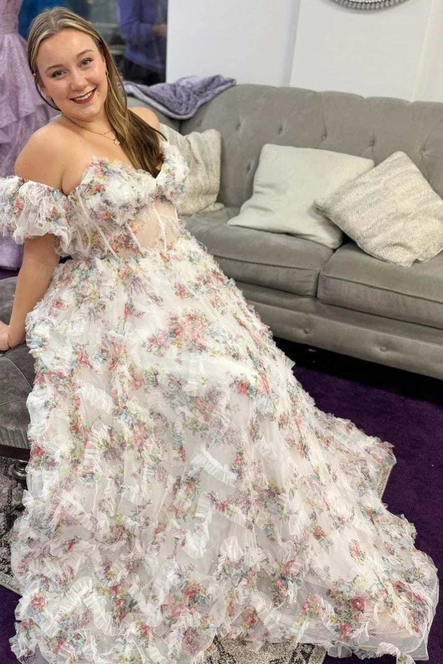 Bright Print Puff Sleeve Ruffle Long Prom Dress