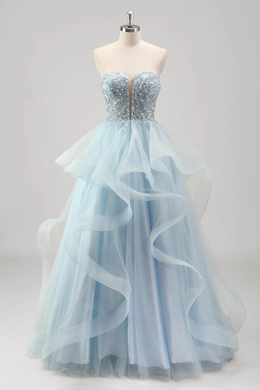 Bright blue A-line strapless spiral pleated tight corset sequined pleated dress