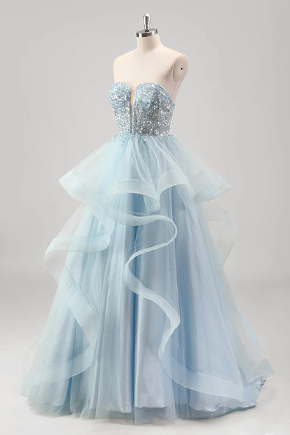 Bright blue A-line strapless spiral pleated tight corset sequined pleated dress