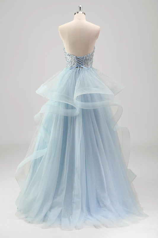 Bright blue A-line strapless spiral pleated tight corset sequined pleated dress
