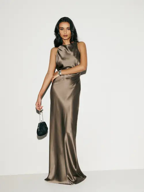 Bronze Satin Crisscross Open Back Tie Detail Maxi Prom Gown