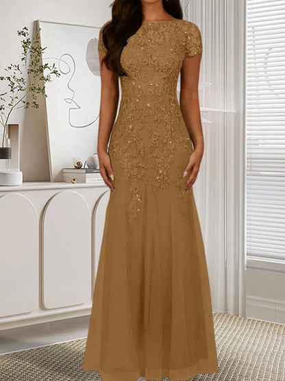 Mermaid round neck sequined chiffon dress long