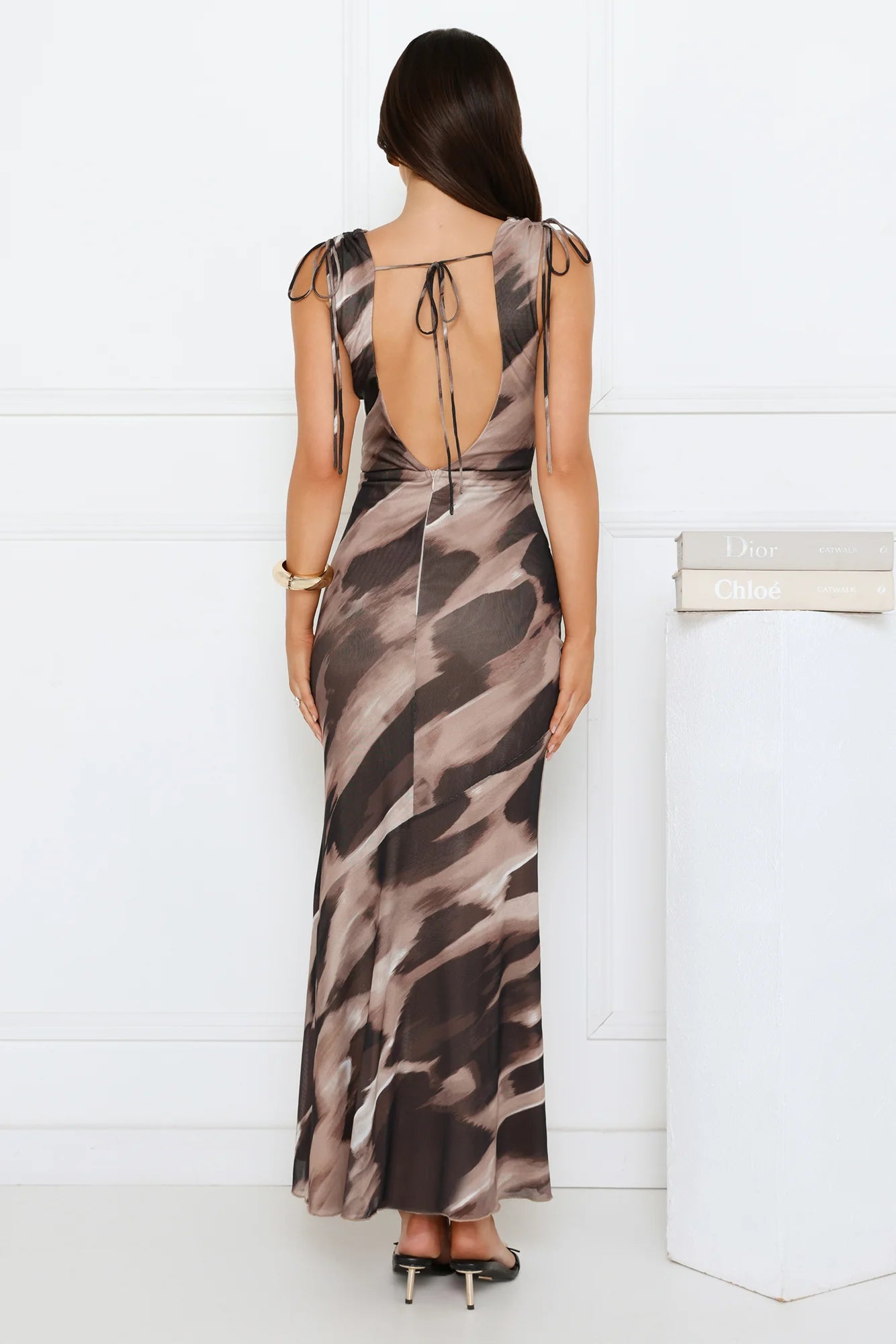 Brown Abstract Print Cowl Neck Open Back Tie Strap Maxi Evening Dress