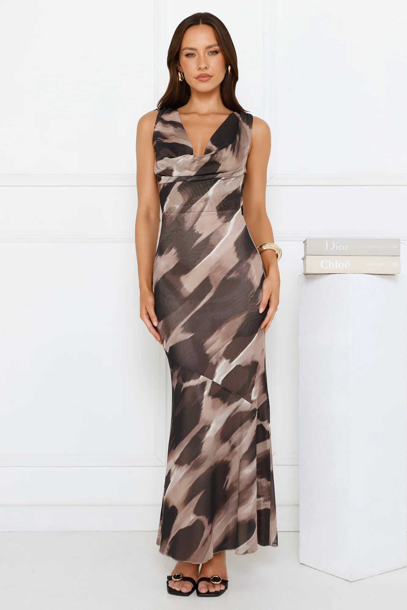 Brown Abstract Print Cowl Neck Open Back Tie Strap Maxi Evening Dress