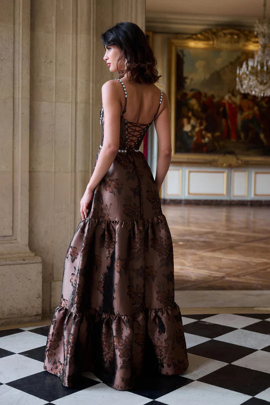 Brown Floral Jacquard Corset Tiered Evening Dresses with Pearl Trim