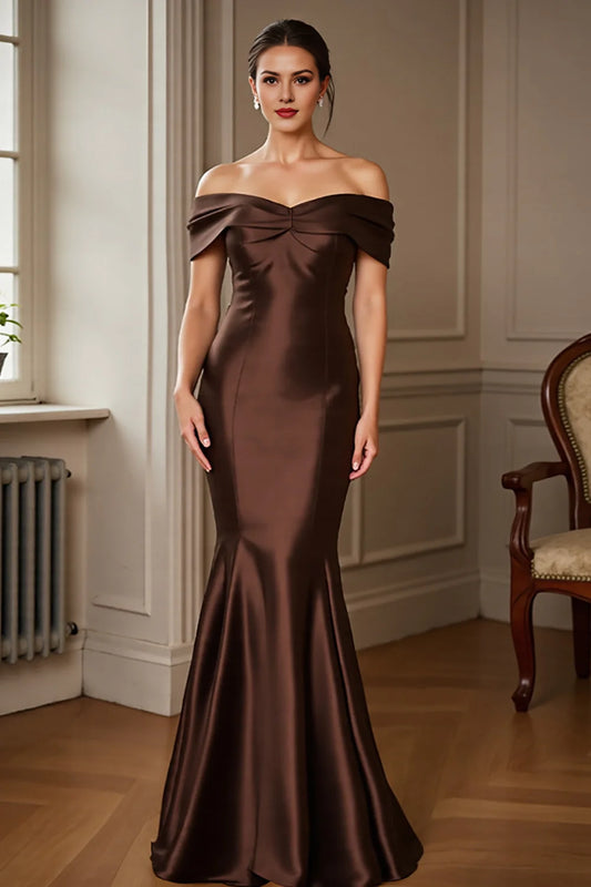 Brown Mermaid Satin Off The Shoulder Mother Of The Bride Dress