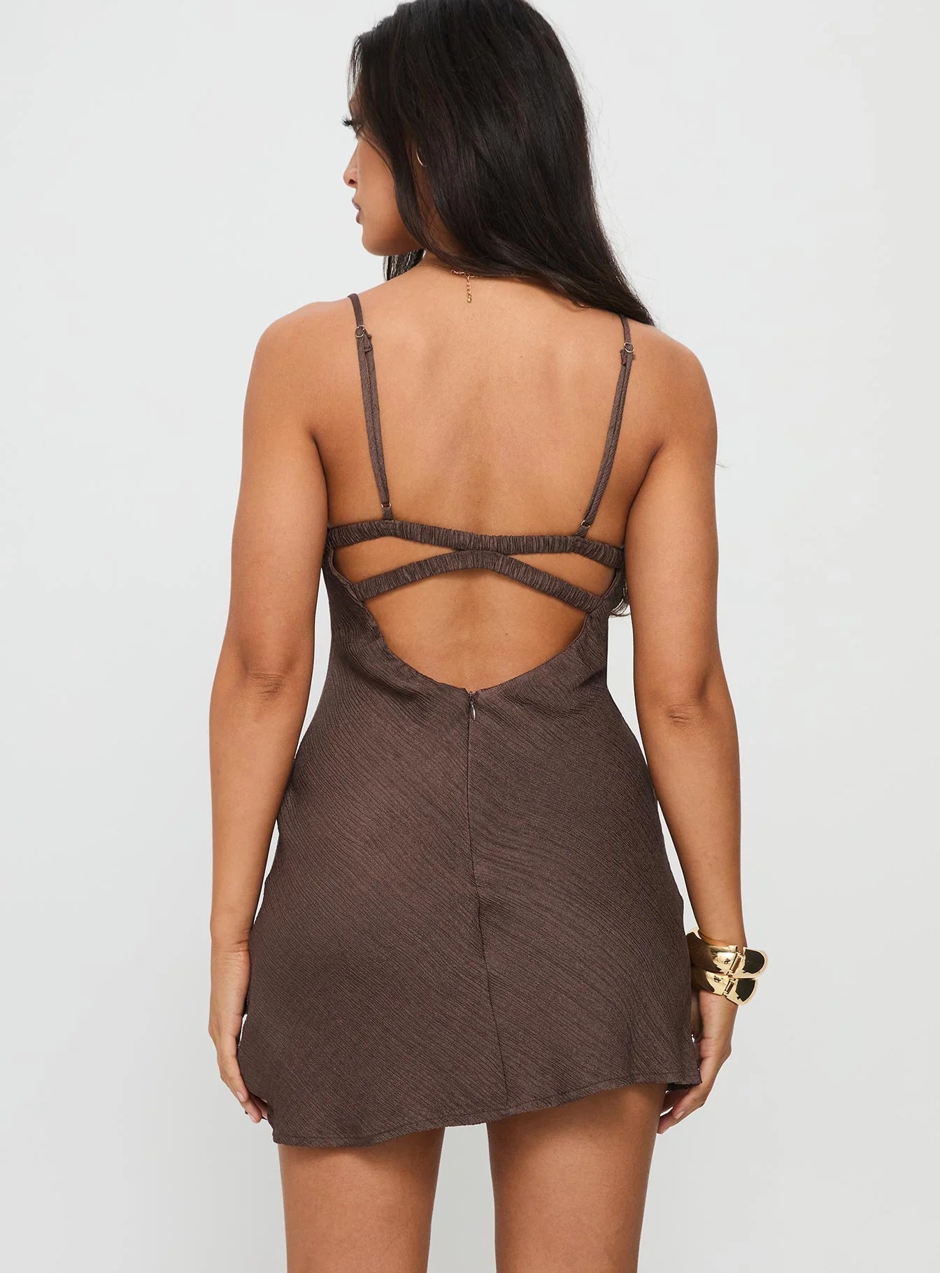 Brown Plisse Spaghetti Strap Cutout Back Bodycon Mini Evening Dresses