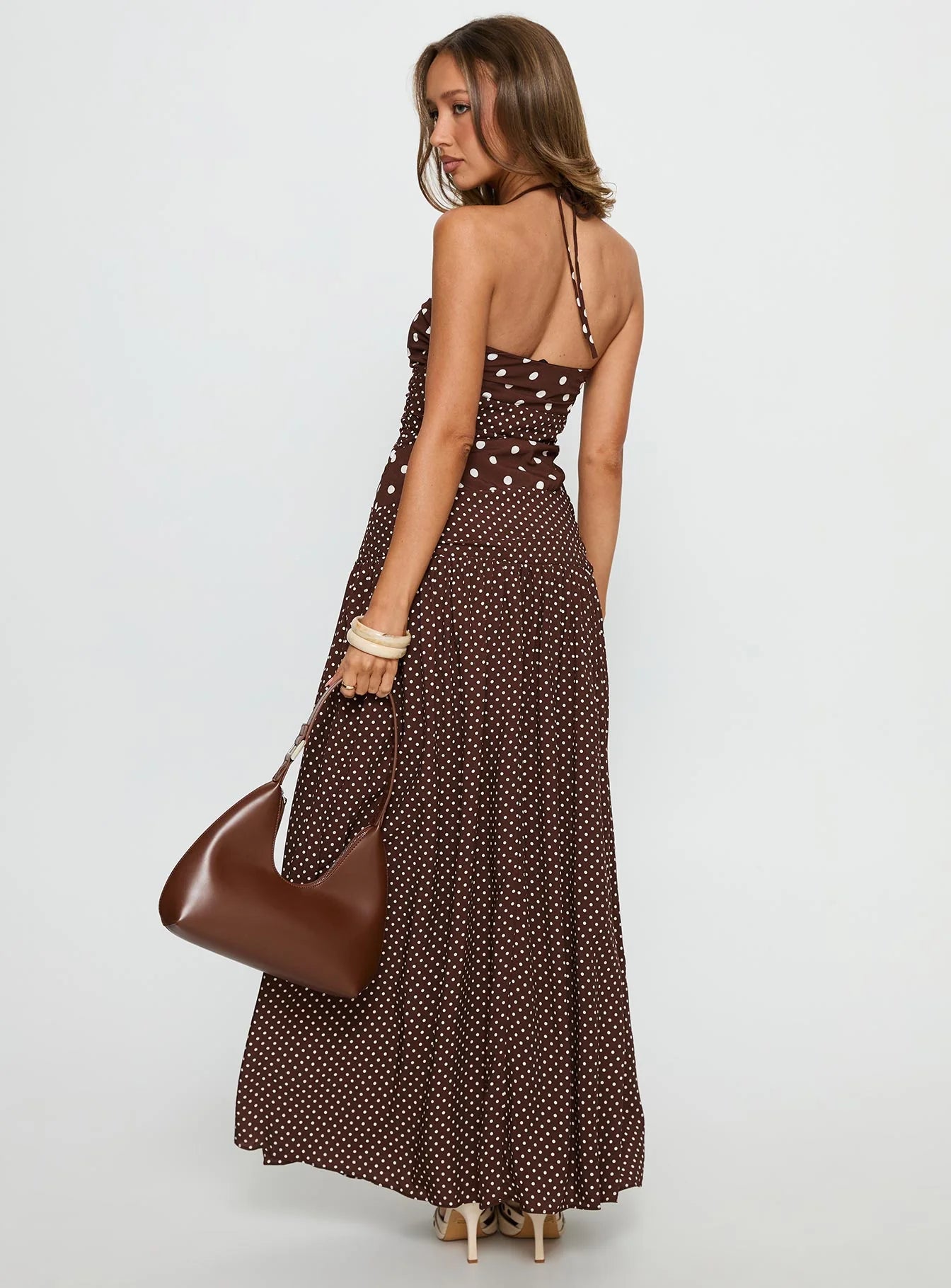 Brown Polka Dot Halter Ruched Waist Tiered Maxi Evening Dresses