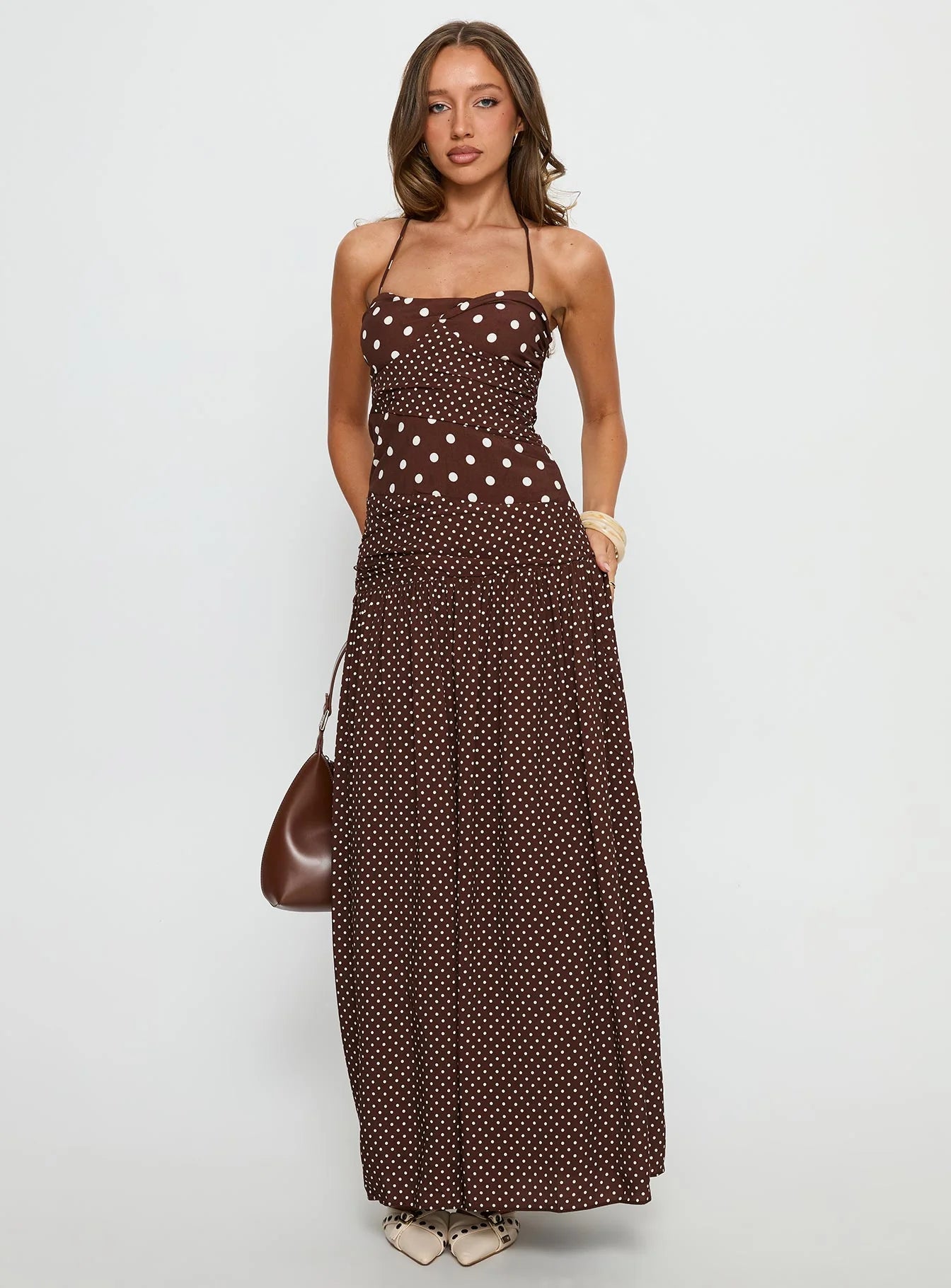 Brown Polka Dot Halter Ruched Waist Tiered Maxi Evening Dresses