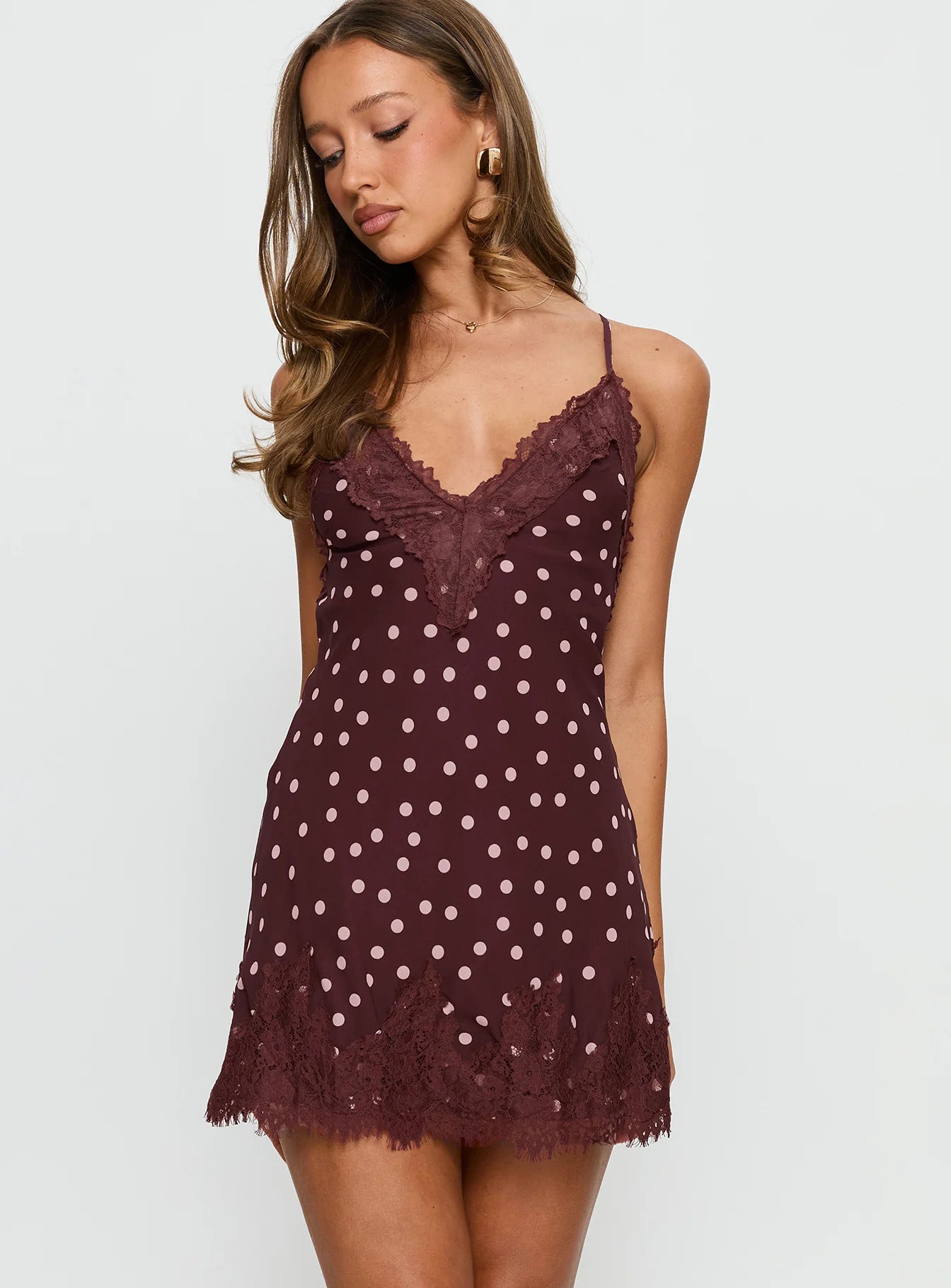 Brown Polka Dot Lace Trim Cross-Back Mini Evening Dresses