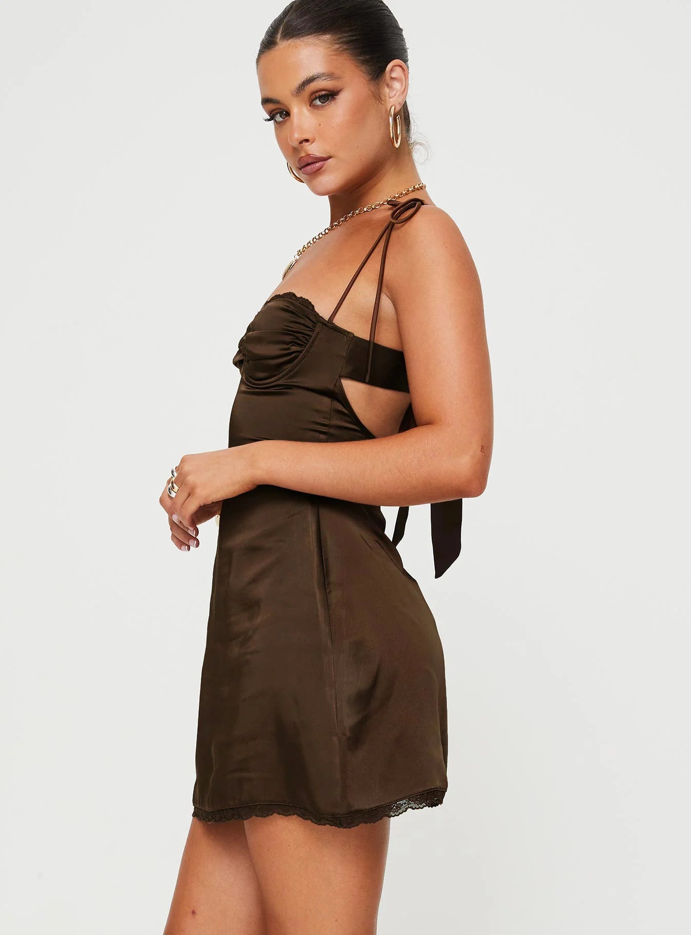 Brown Satin Lace Trim Tie-Back Homecoming Dresses