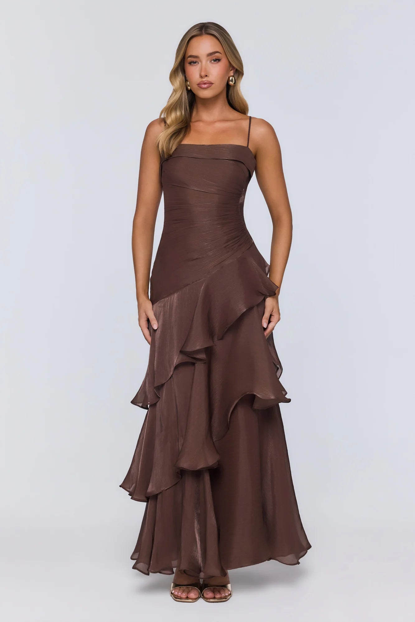 Brown Spaghetti Strap Tiered Ruffle Chiffon Evening Dresses