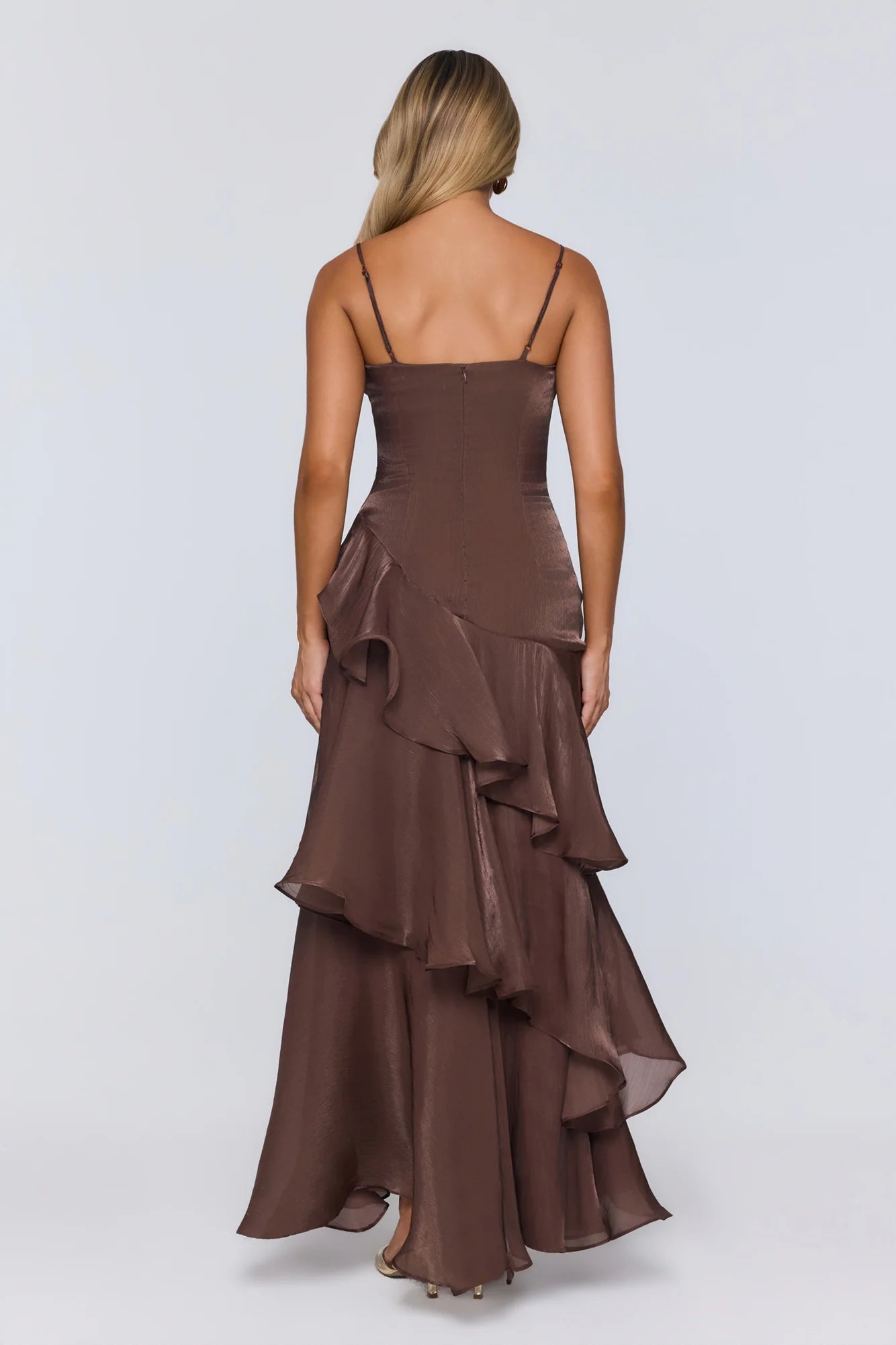 Brown Spaghetti Strap Tiered Ruffle Chiffon Evening Dresses