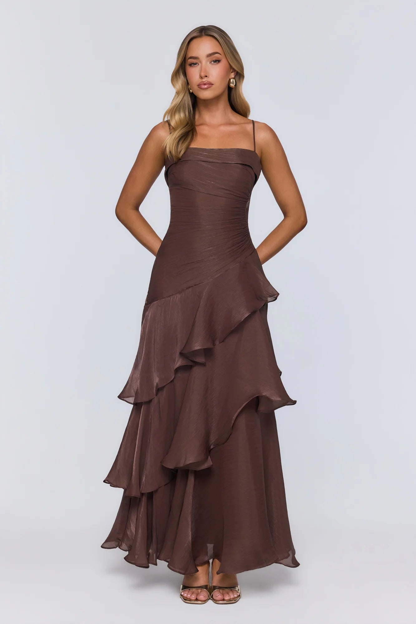 Brown Spaghetti Strap Tiered Ruffle Chiffon Evening Dresses