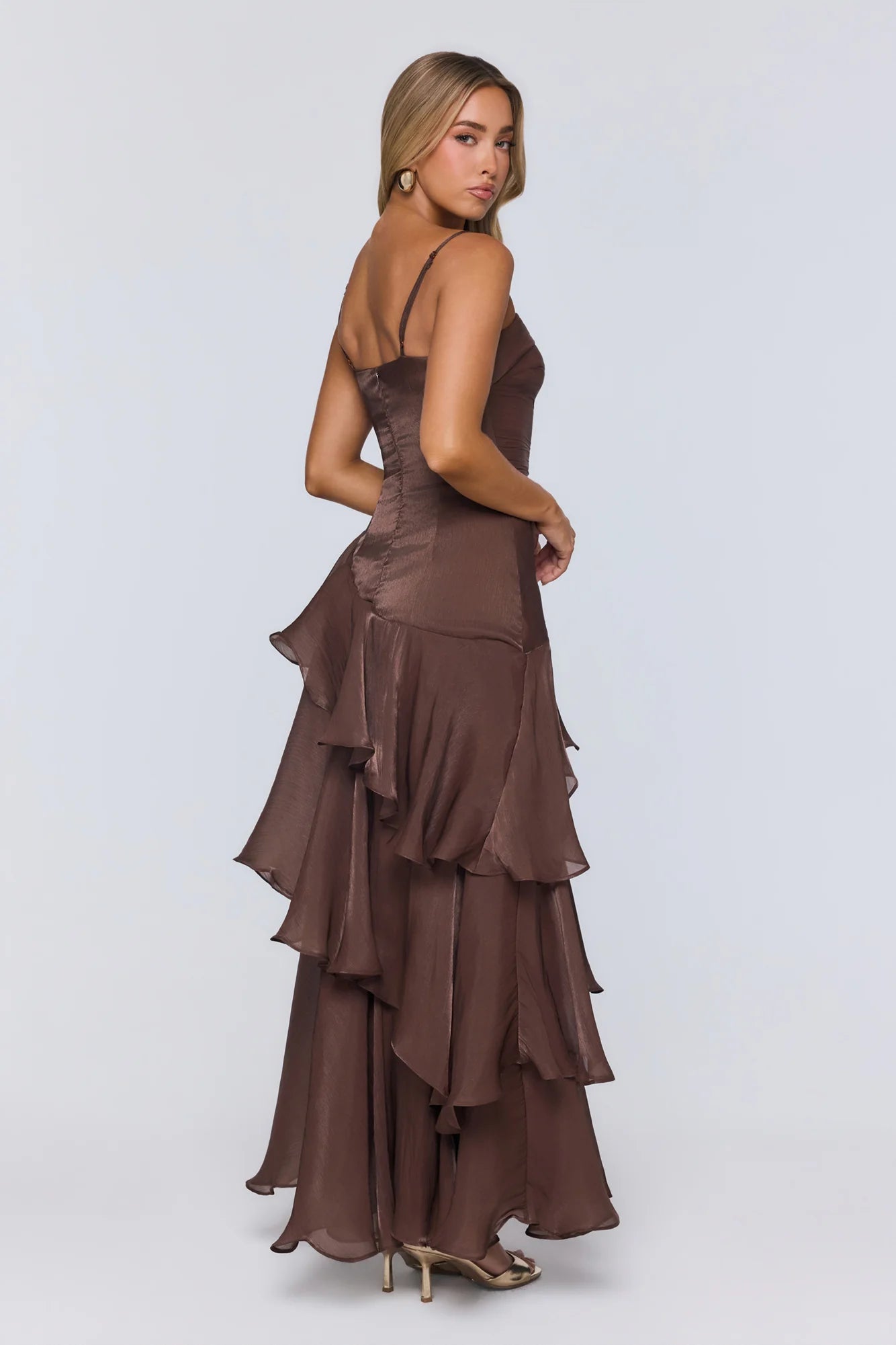 Brown Spaghetti Strap Tiered Ruffle Chiffon Evening Dresses