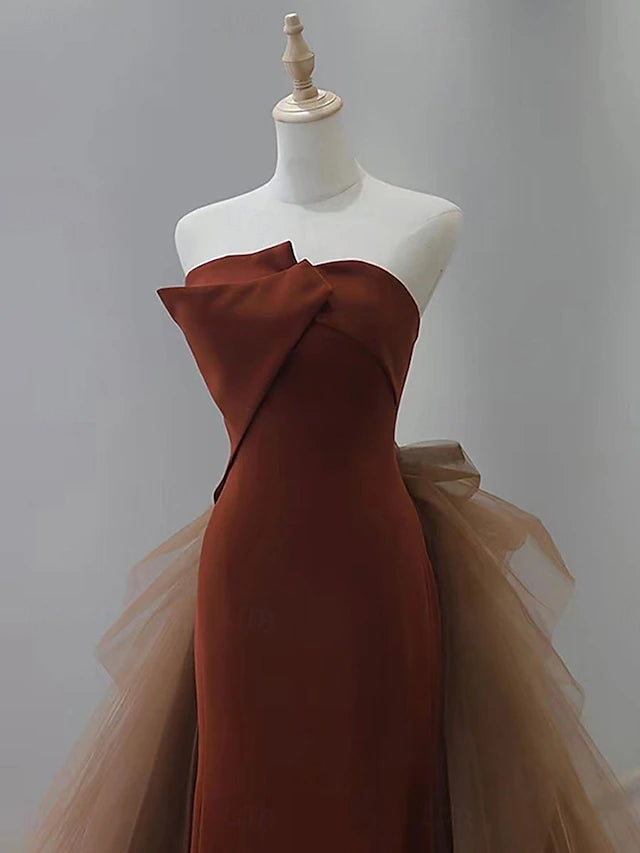 Brown Strapless Tulle Bow Mermaid Evening Dresses