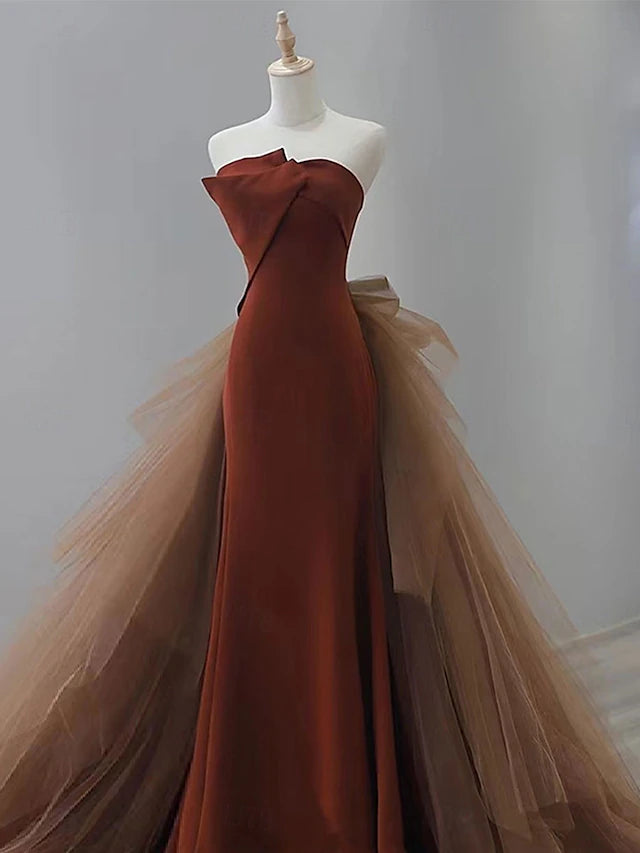 Brown Strapless Tulle Bow Mermaid Evening Dresses