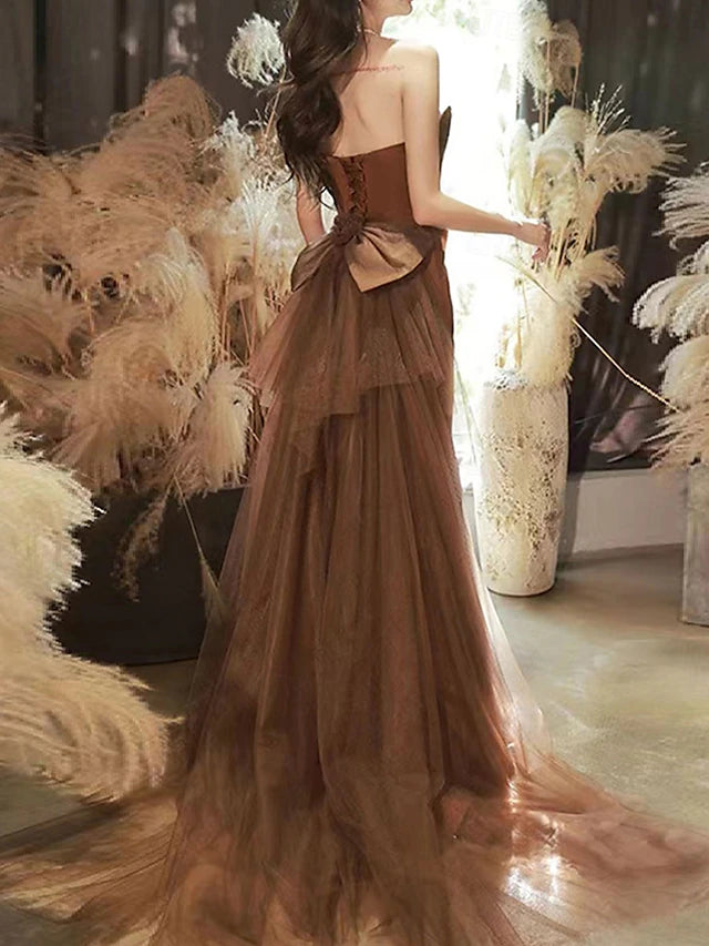 Brown Strapless Tulle Bow Mermaid Evening Dresses