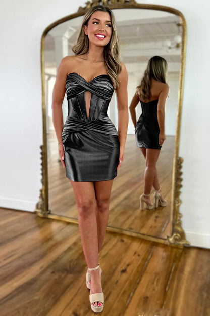 Strapless strapless strapless mermaid sweetheart short satin back to school dress