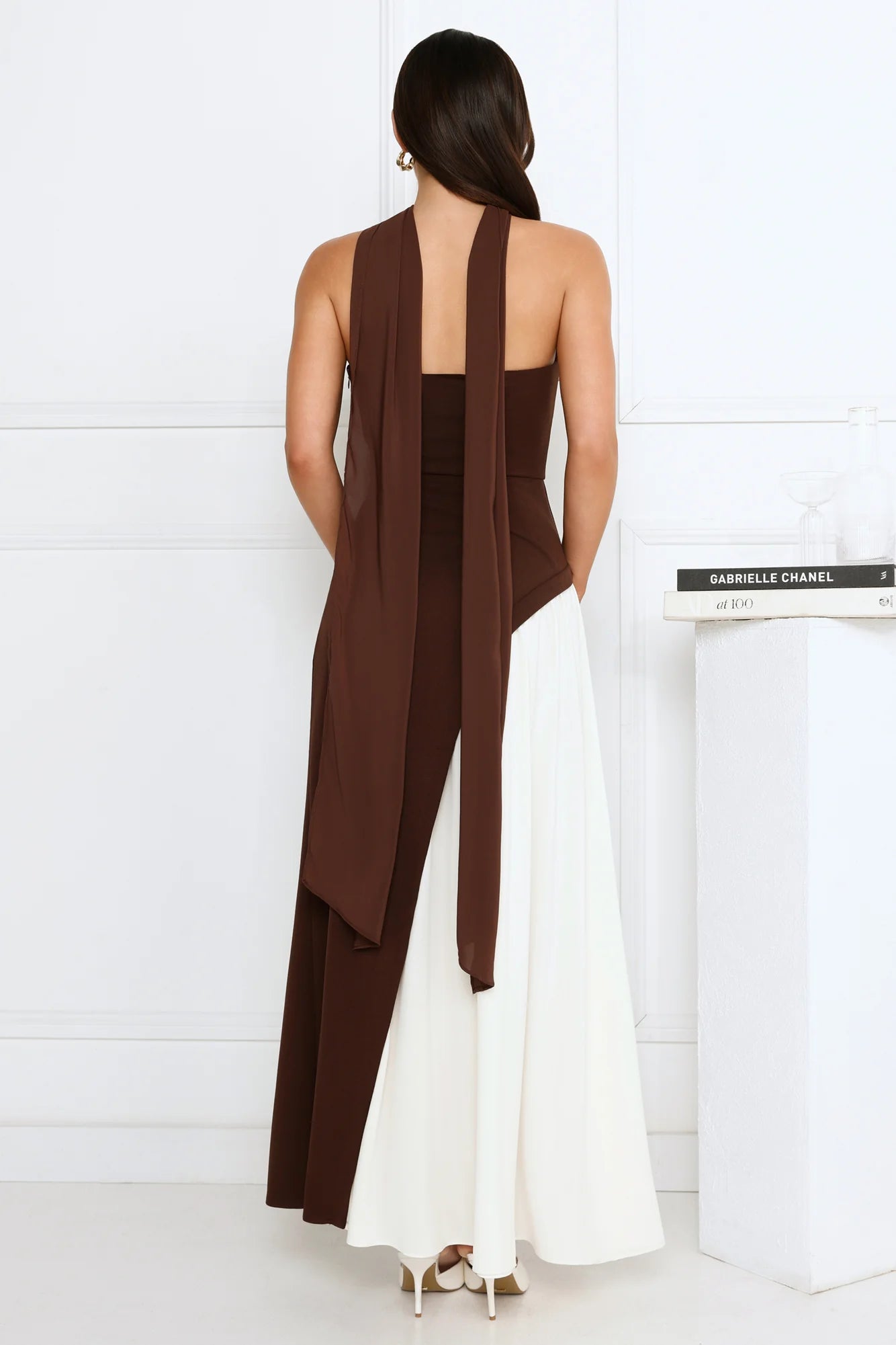 Brown & White Color Block Strapless Maxi Evening Dresses with Chiffon Scarf Detail