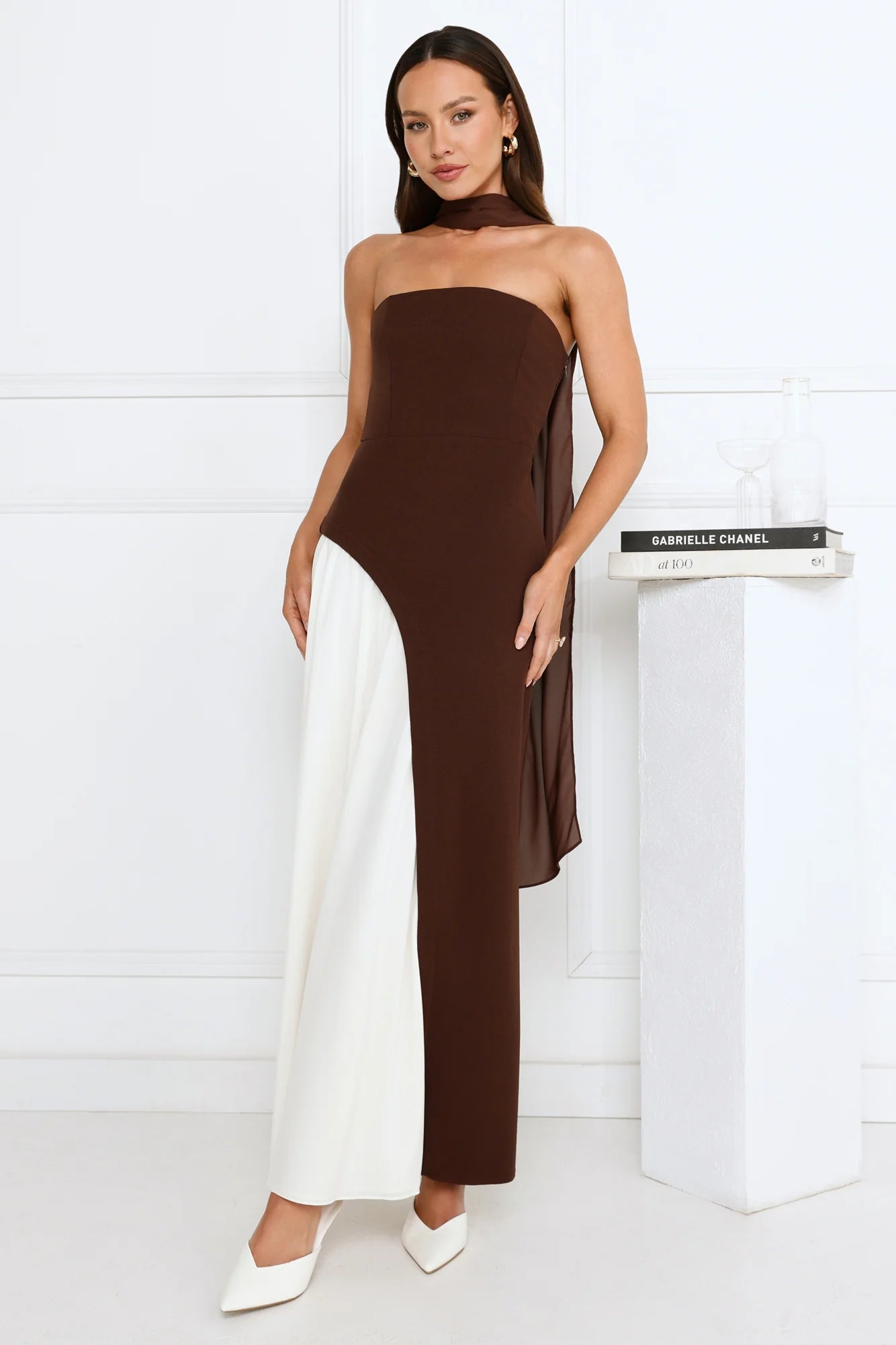 Brown & White Color Block Strapless Maxi Evening Dresses with Chiffon Scarf Detail