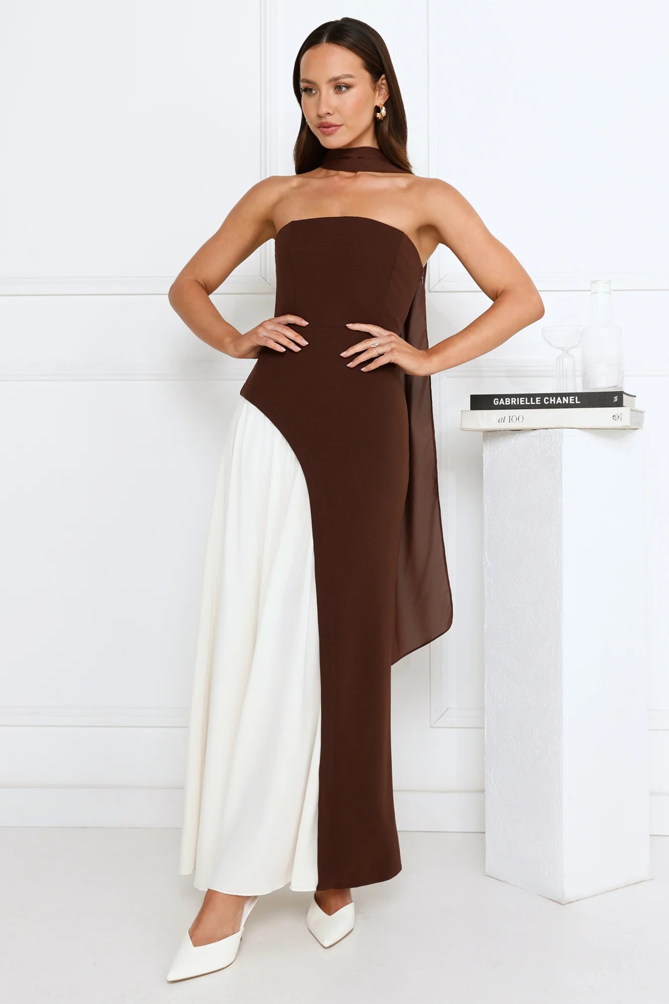 Brown & White Color Block Strapless Maxi Evening Dresses with Chiffon Scarf Detail