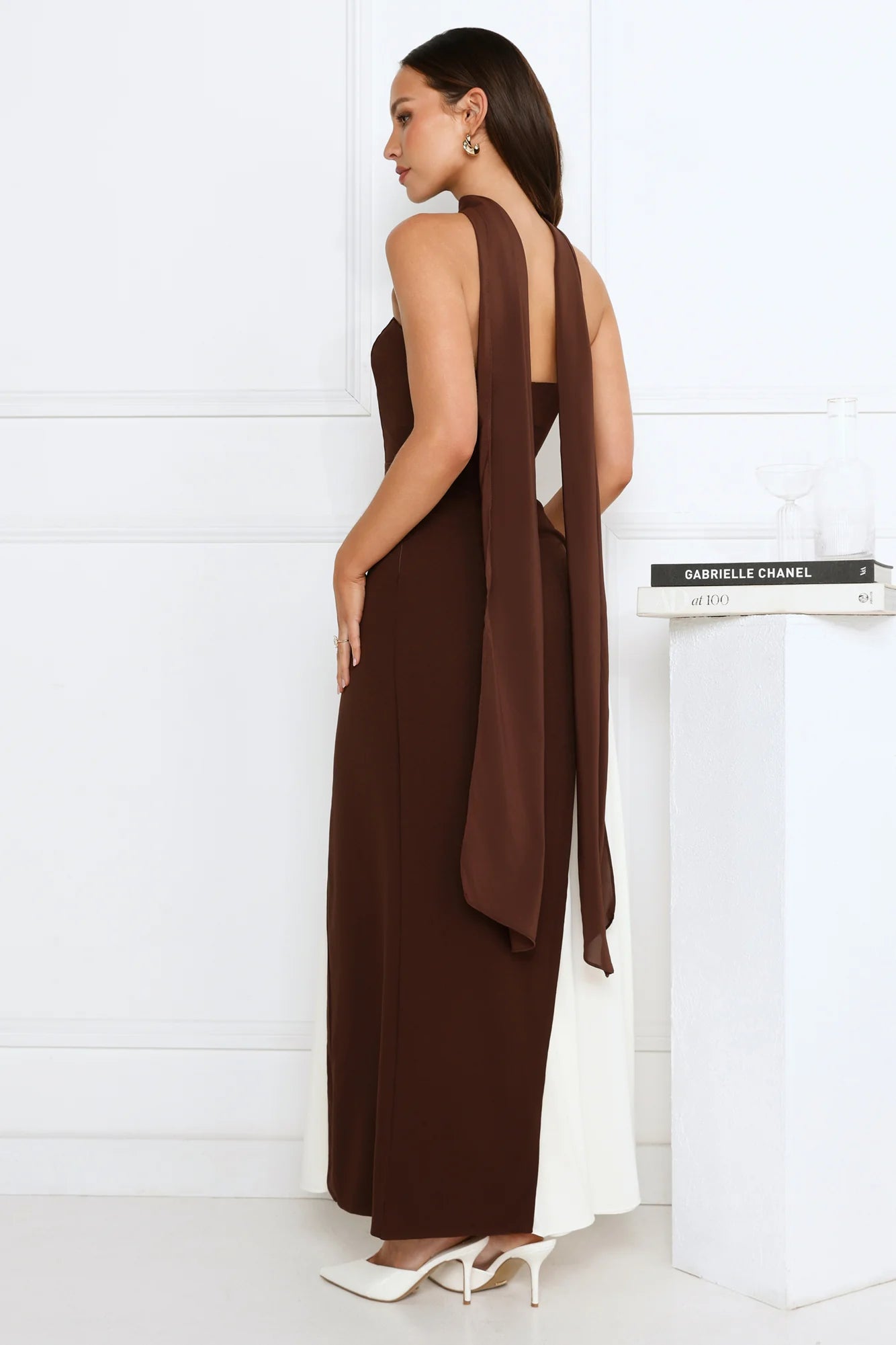 Brown & White Color Block Strapless Maxi Evening Dresses with Chiffon Scarf Detail
