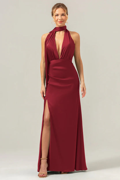 Deep V-neck backless long satin bridesmaid dress with tassels
