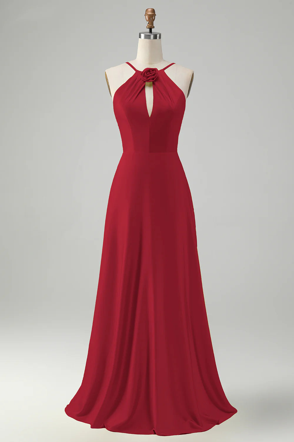 A-line hanging neck backless pleated long bridesmaid floral dress