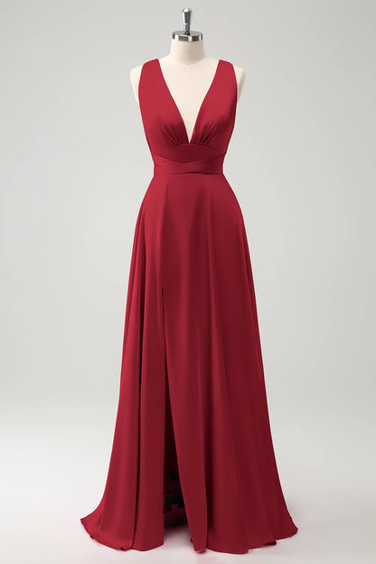 A-line deep V-neck backless strap long bridal dress