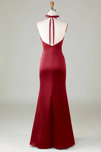 Blushing Pink Mermaid Halter V Neck Open Back Satin Ruched Long Bridesmaid Dress