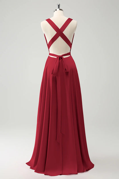A-line deep V-neck backless strap long bridal dress