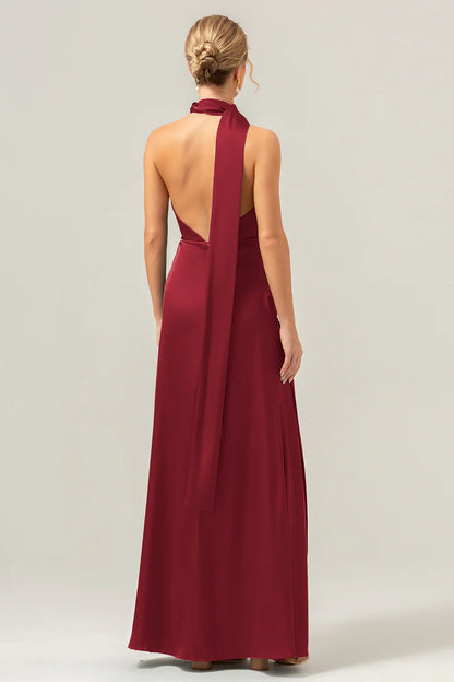 Deep V-neck backless long satin bridesmaid dress with tassels