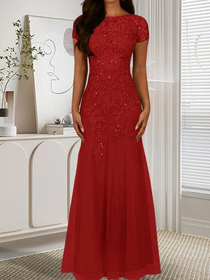 Mermaid round neck sequined chiffon dress long