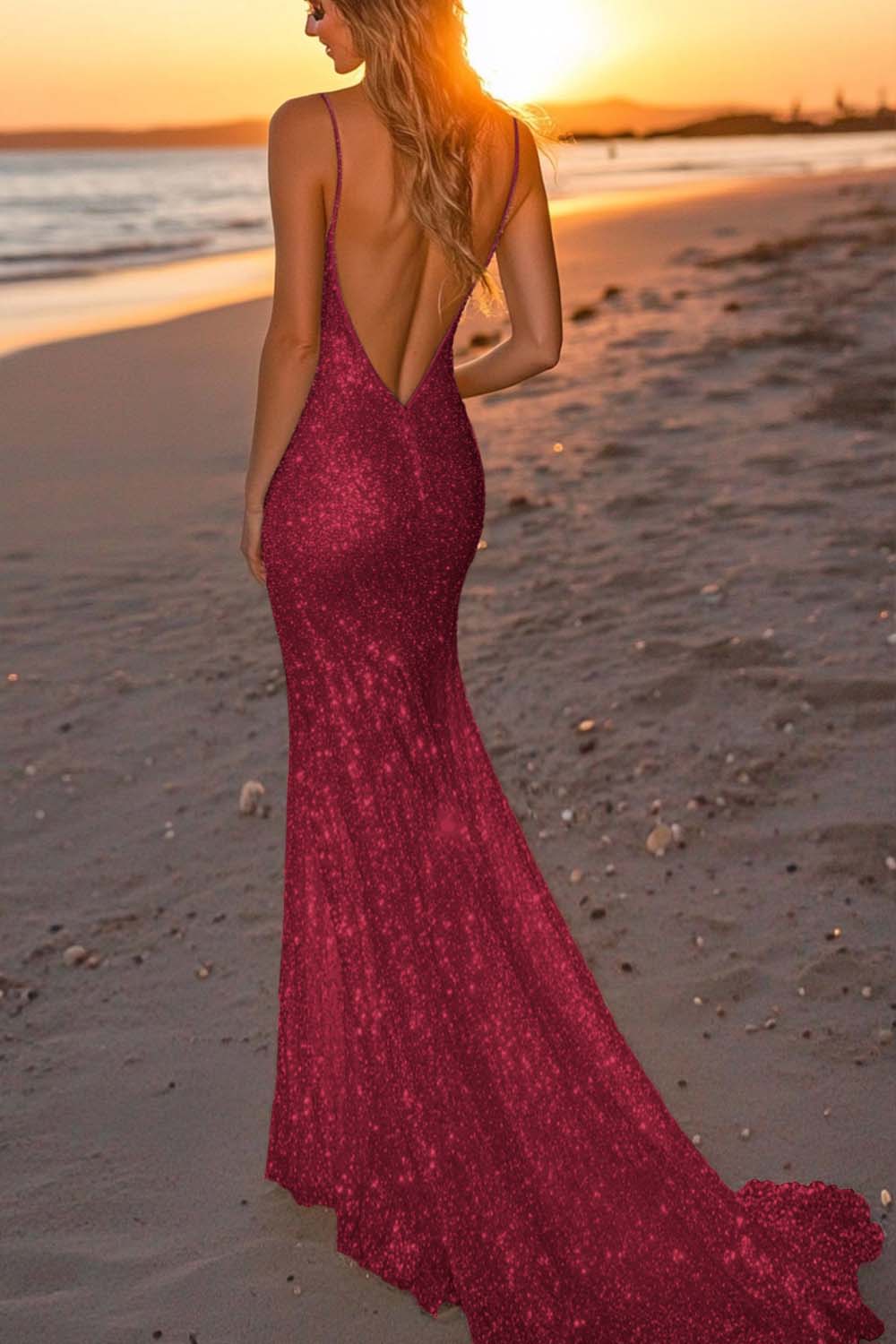 Sparkly Mermaid Deep V-Neck Spaghetti Strap Open-Back Floor-Length Prom Dresses hot sale